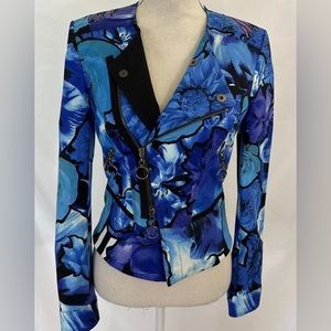 Roberto Cavalli Boutique Blue Bird Floral Printed Cotton Peplum Jacket Size 42